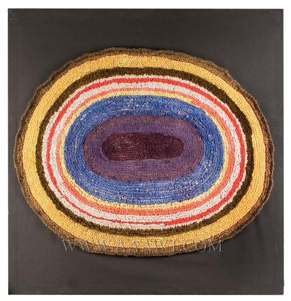 Antique Hooked and Sheared Rug, Oval Concentric Pattern, Early 20th Century, entire view